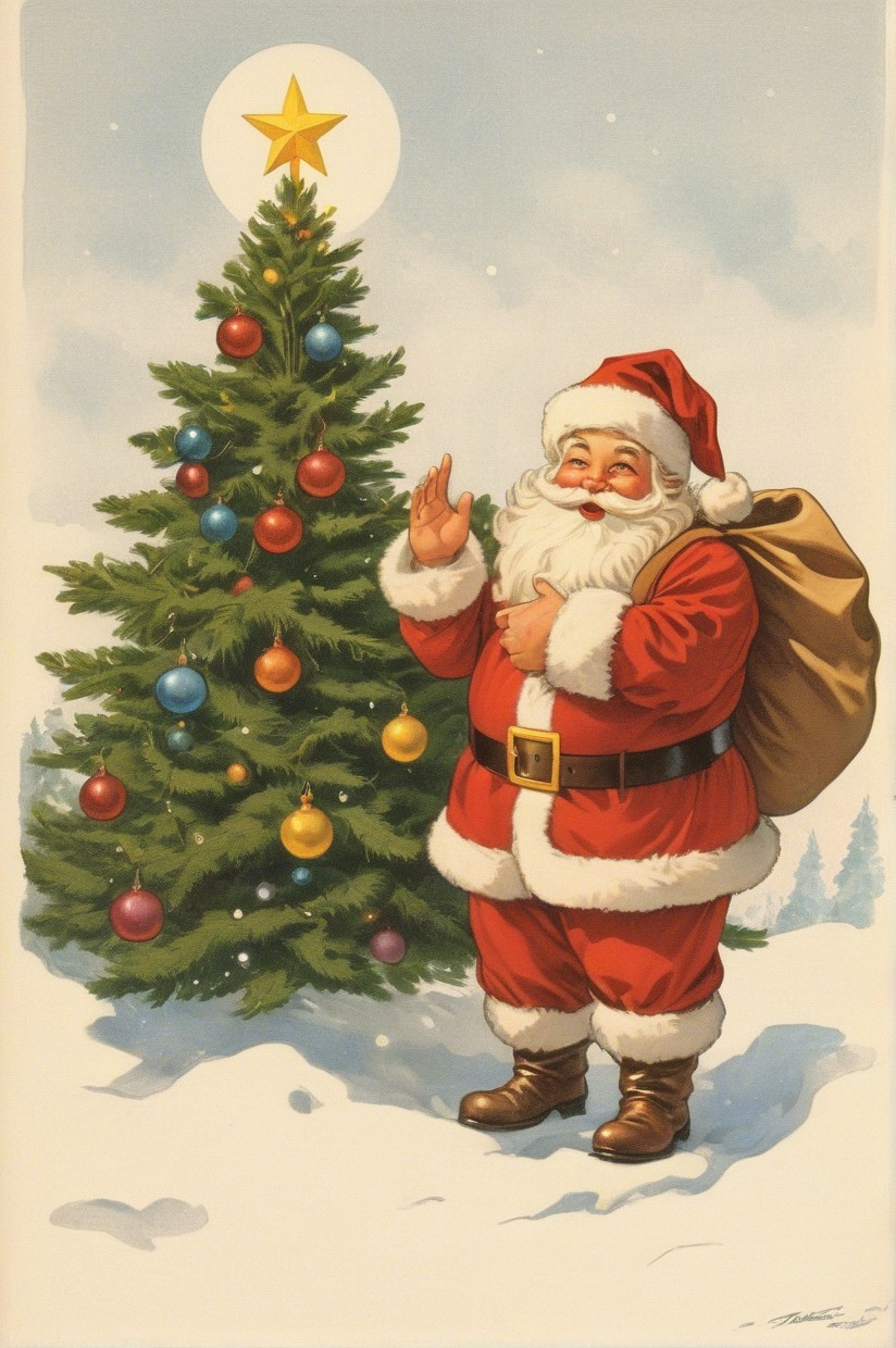 Santa Claus by a Decorated Christmas Tree in Snow