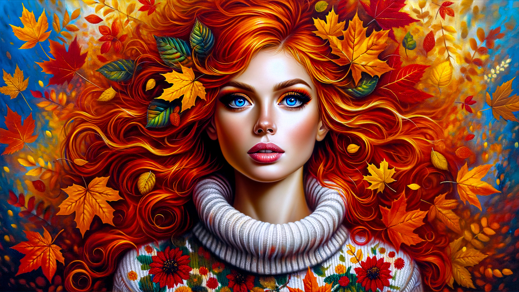 Portrait of a Woman with Red Curls and Autumn Leaves