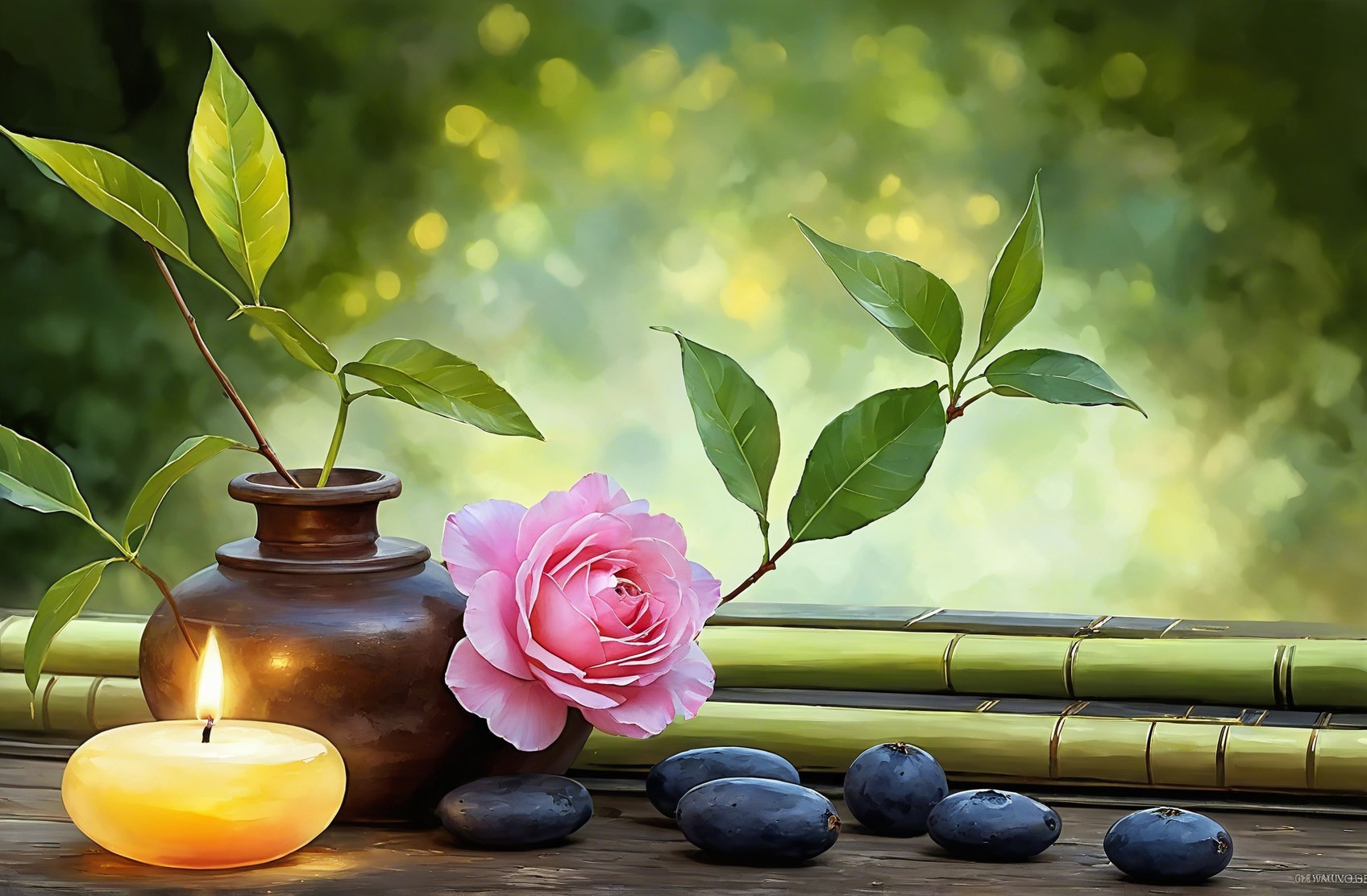 Elegant Still Life with Pot, Rose, and Candle