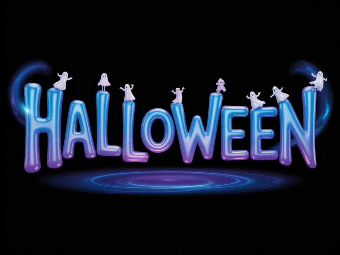 Vibrant Halloween Graphic with Glossy Letters and Ghosts