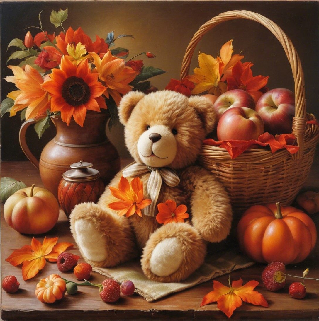 Cozy Autumn Scene with Teddy Bear and Fall Decor