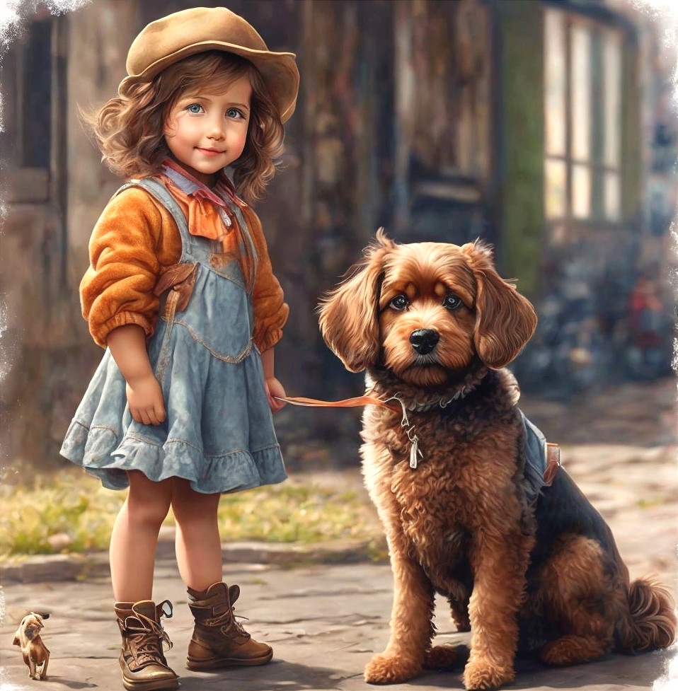 Young girl in orange sweater with dog on cobblestone street