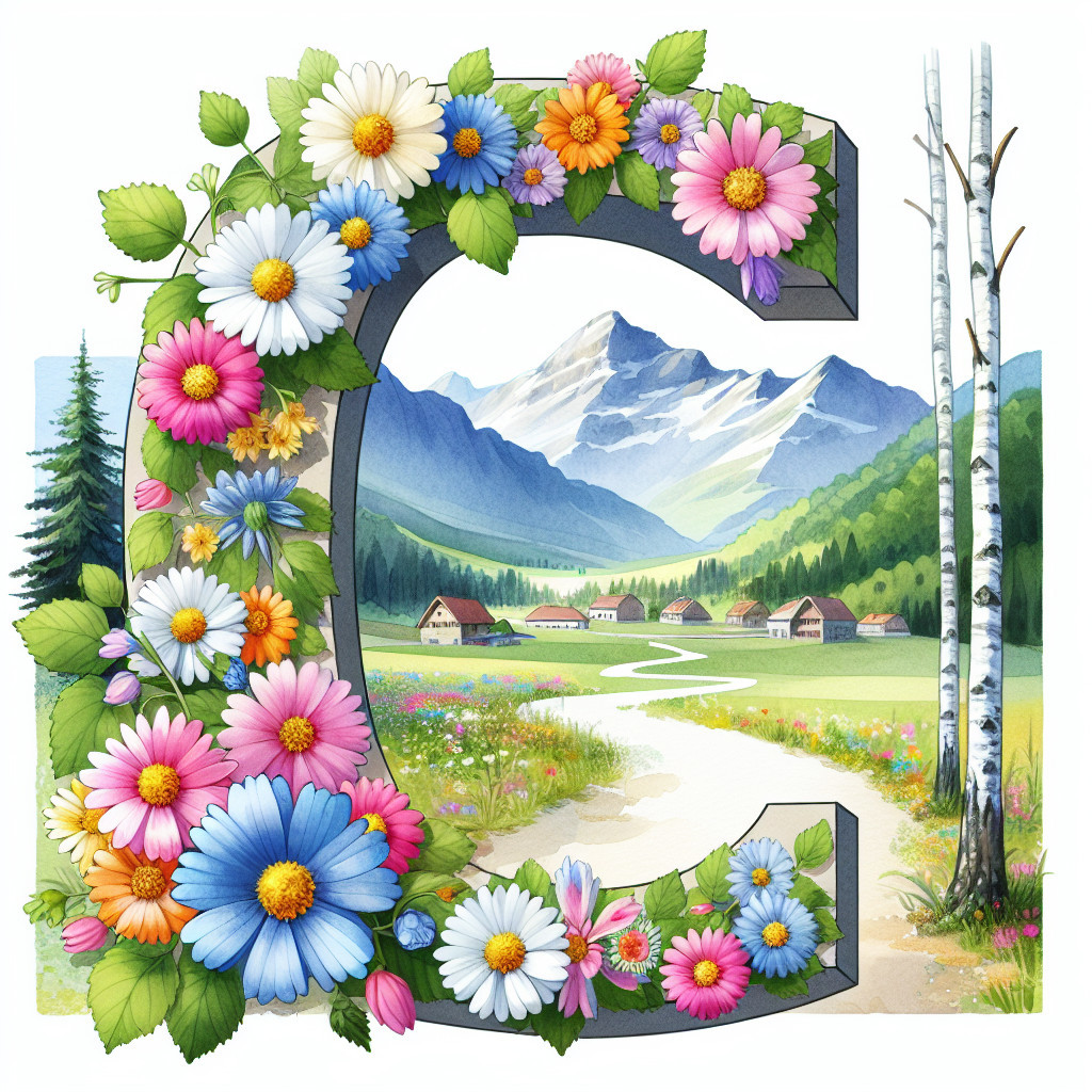 Floral Letter "C" with Scenic Landscape Background