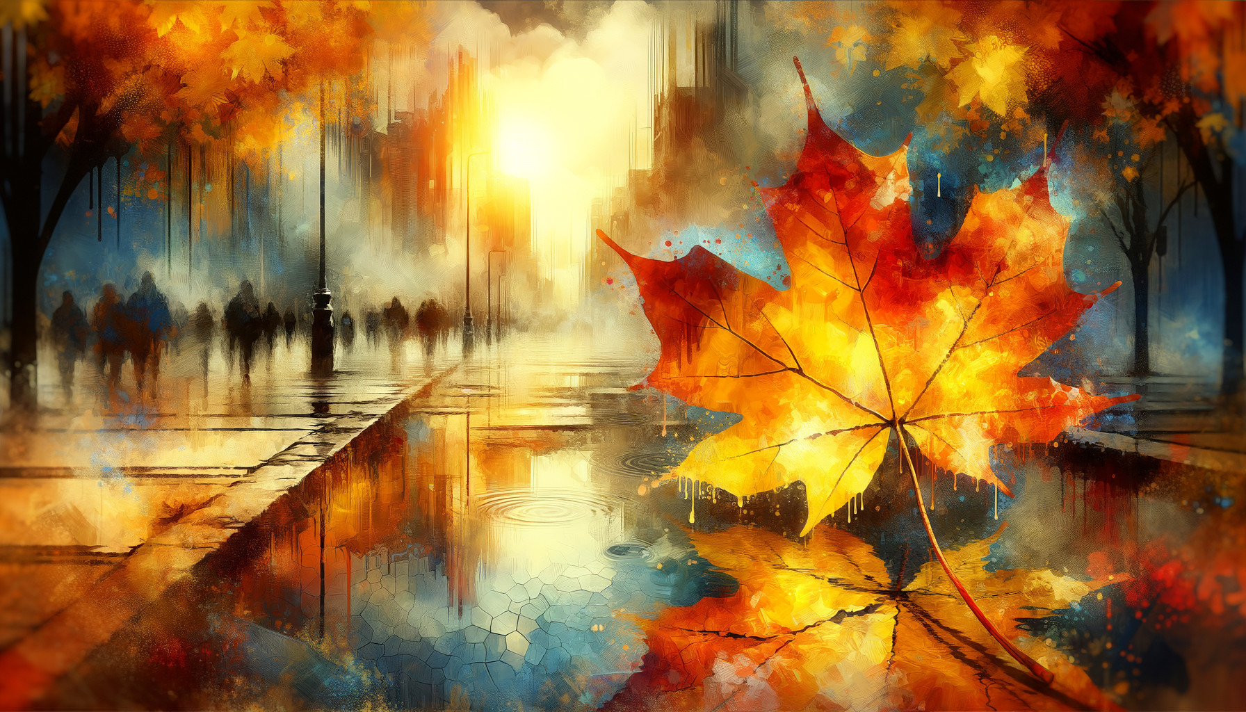 Autumn Scene with Maple Leaf and City Silhouettes