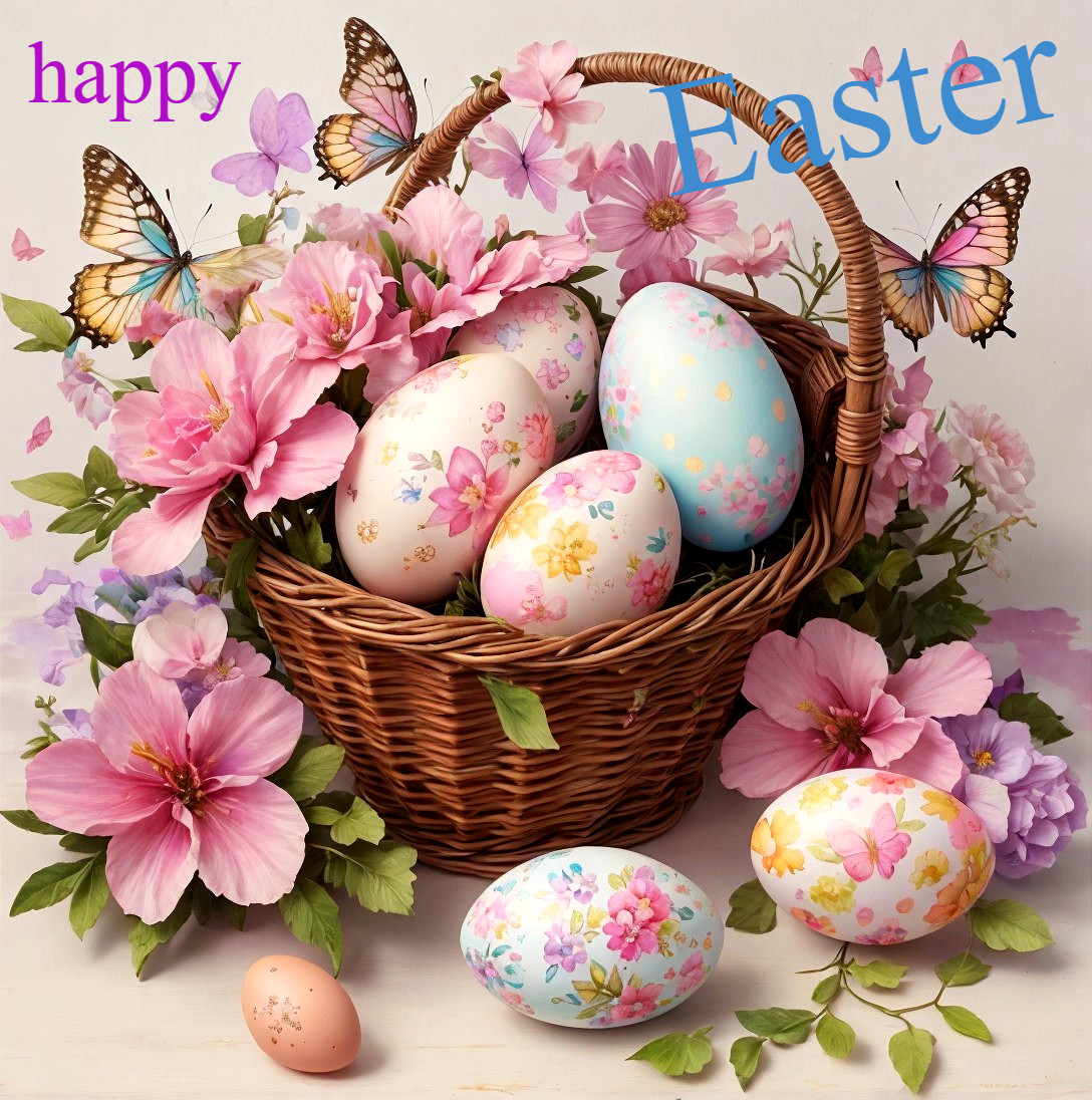 Easter Basket with Patterned Eggs and Flowers