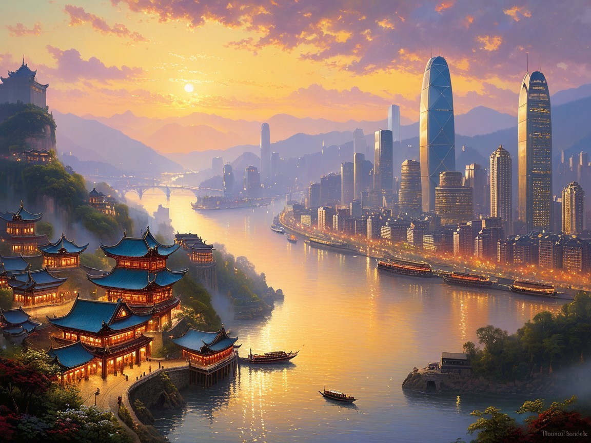 Sunset Over Cityscape with Skyscrapers and Pagodas