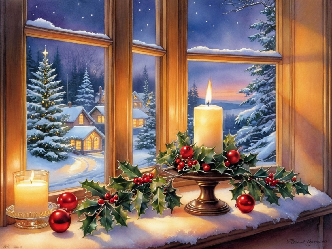Cozy Winter Scene with Holly, Snow, and Candlelight