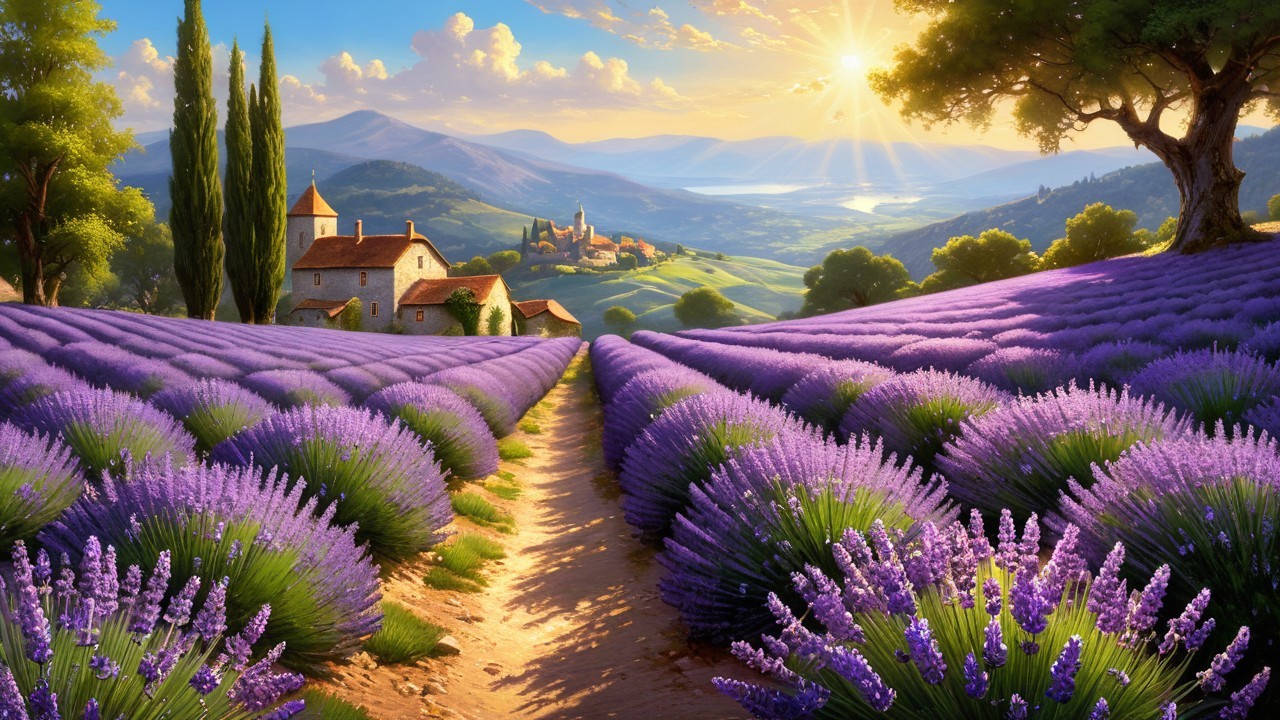 Vibrant Lavender Fields and Charming Stone House Landscape