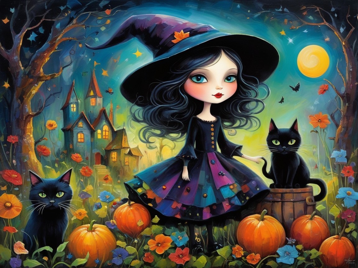 Colorful Halloween Scene with Young Witch and Cats