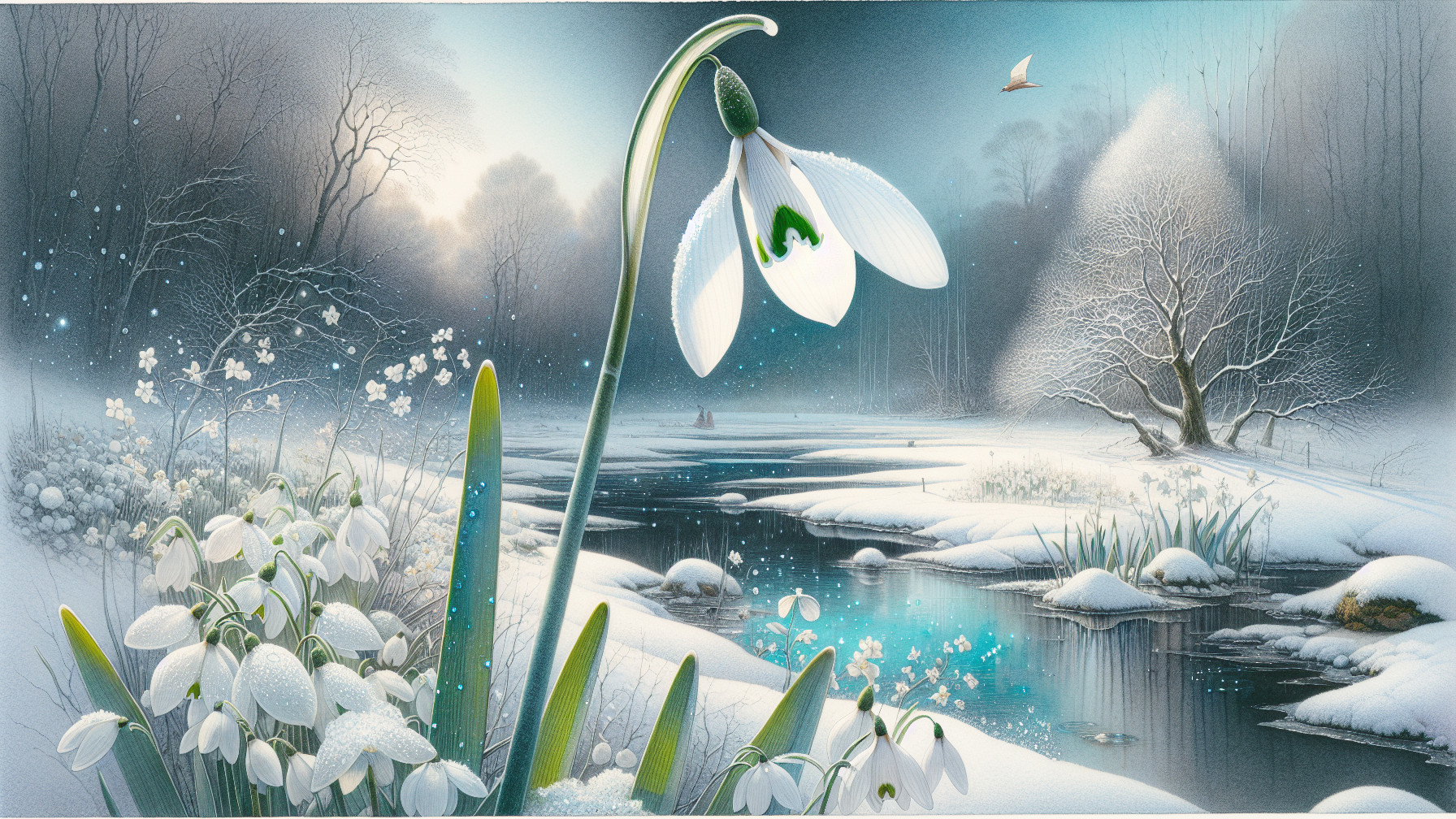 Tranquil Winter Landscape with Snowdrops and River