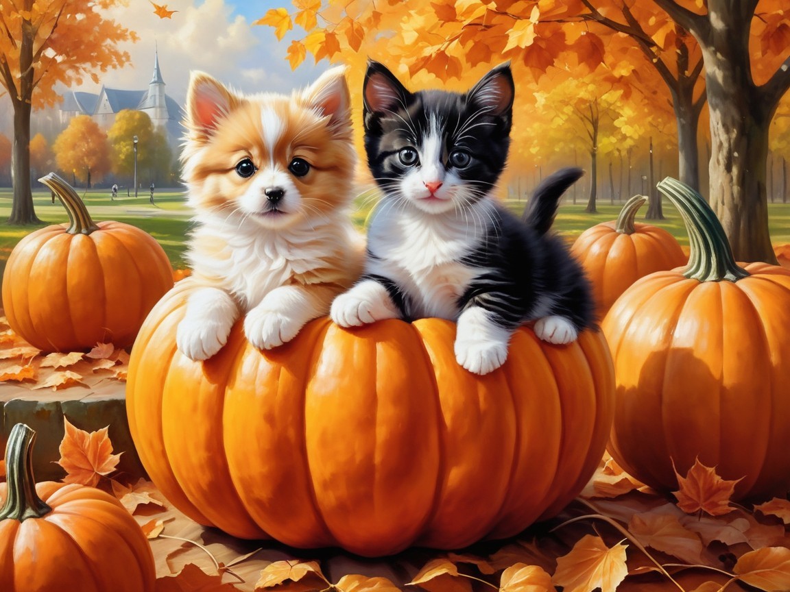 Fluffy Puppy and Playful Kitten in Pumpkin Scene