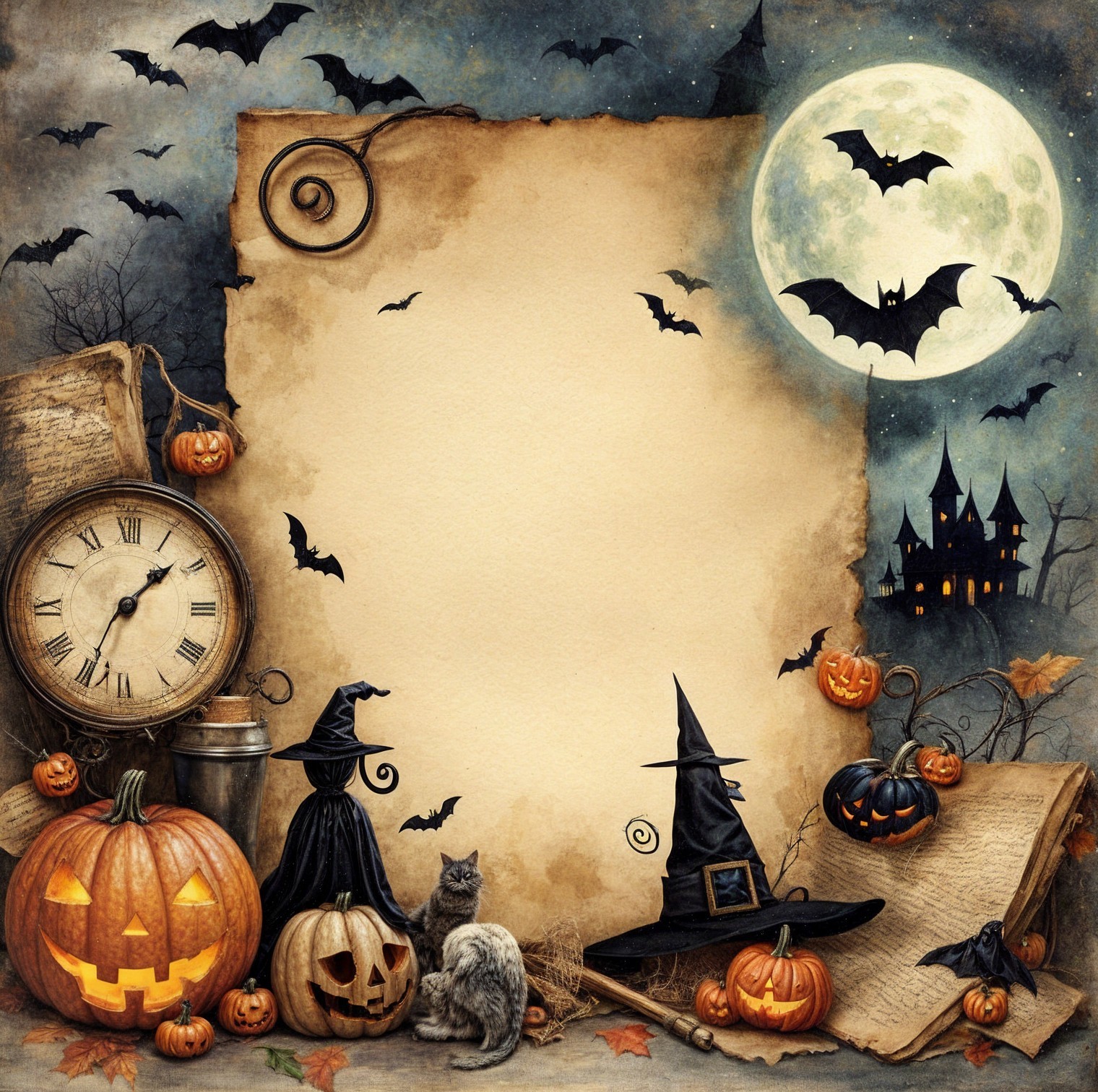 Whimsical Halloween Scene with Parchment and Decor