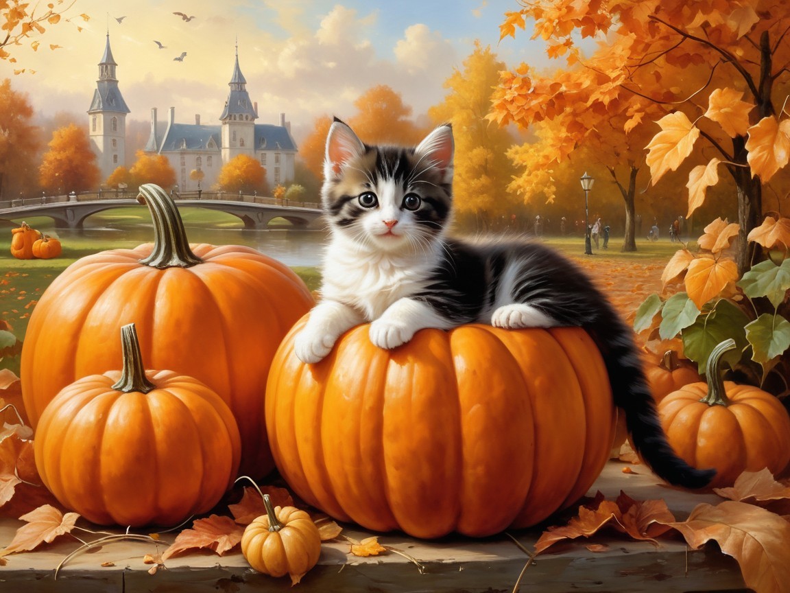 Kitten on Pumpkin in Autumn Park with Castle Backdrop