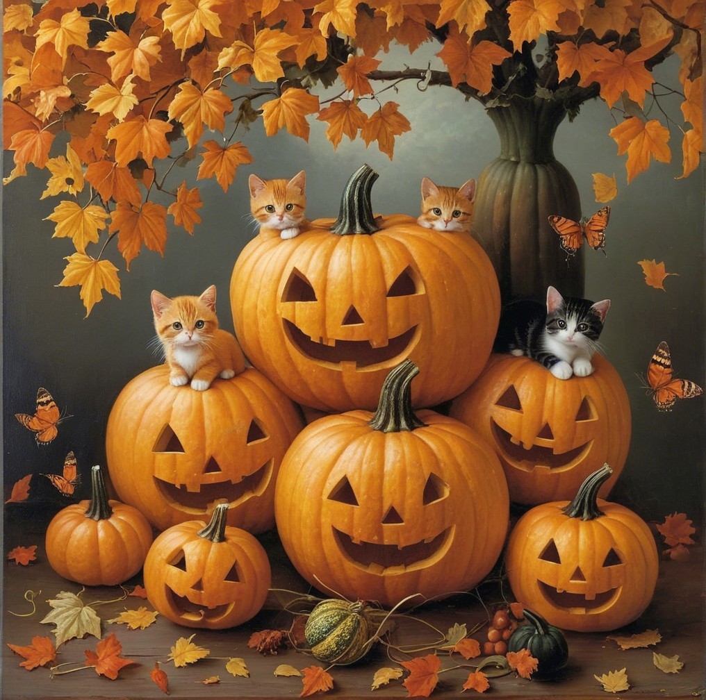 Whimsical Autumn Scene with Pumpkins and Kittens