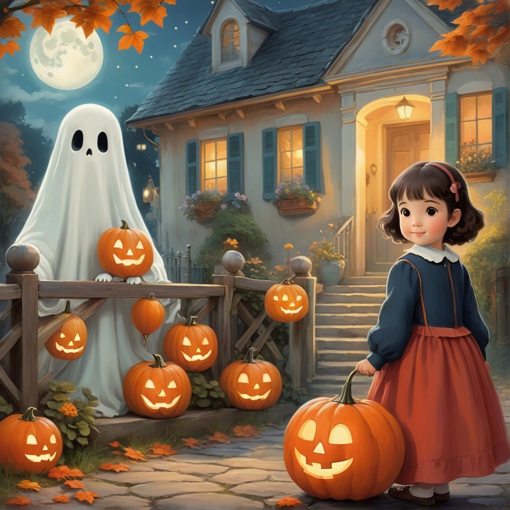 Whimsical Halloween Scene with Girl and Friendly Ghost