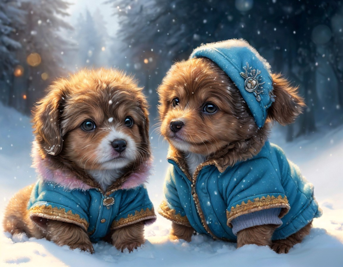 Adorable puppies in blue winter coats playing in snowflakes