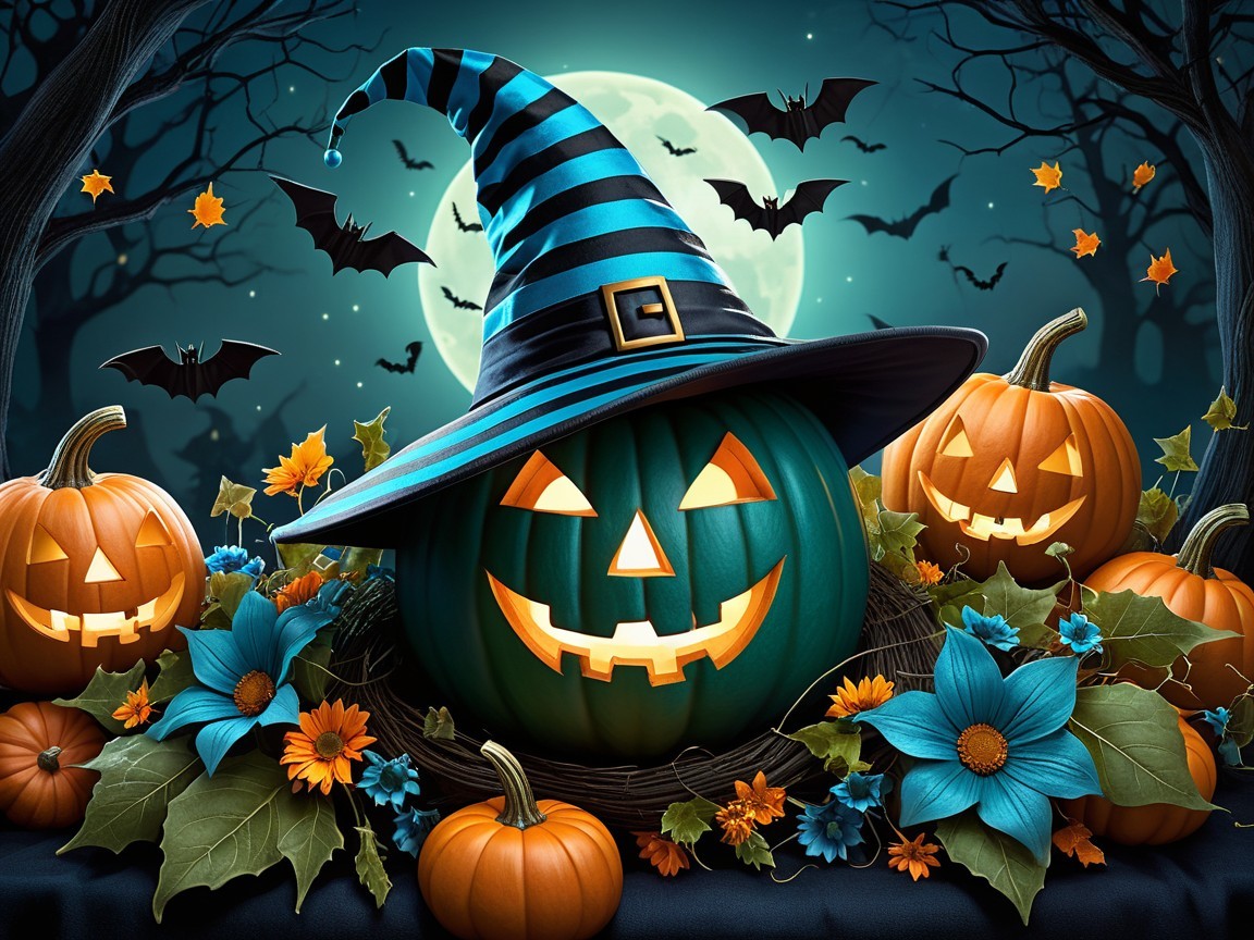Whimsical Halloween Scene with Pumpkins and Bats