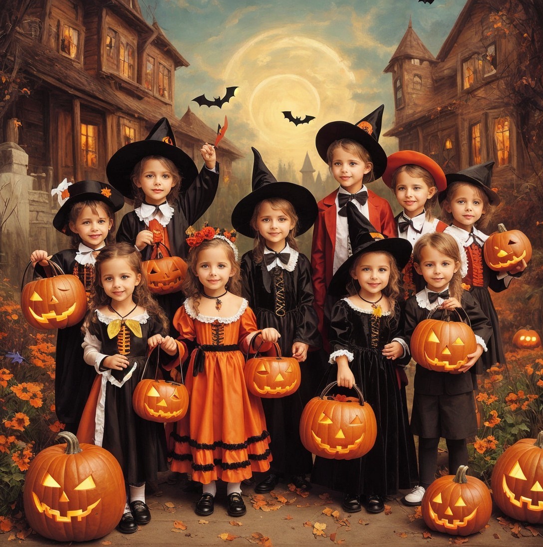 Children in Halloween Costumes with Carved Pumpkins