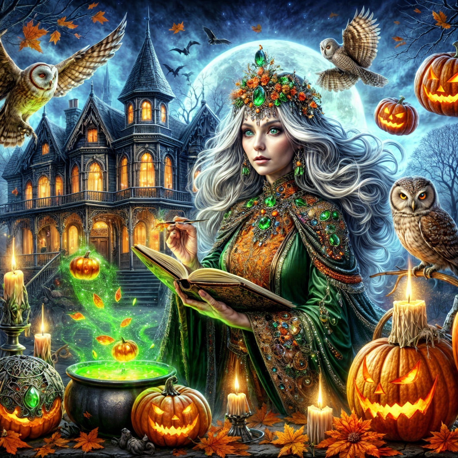 Mystical Sorceress in Emerald Robes at Full Moon