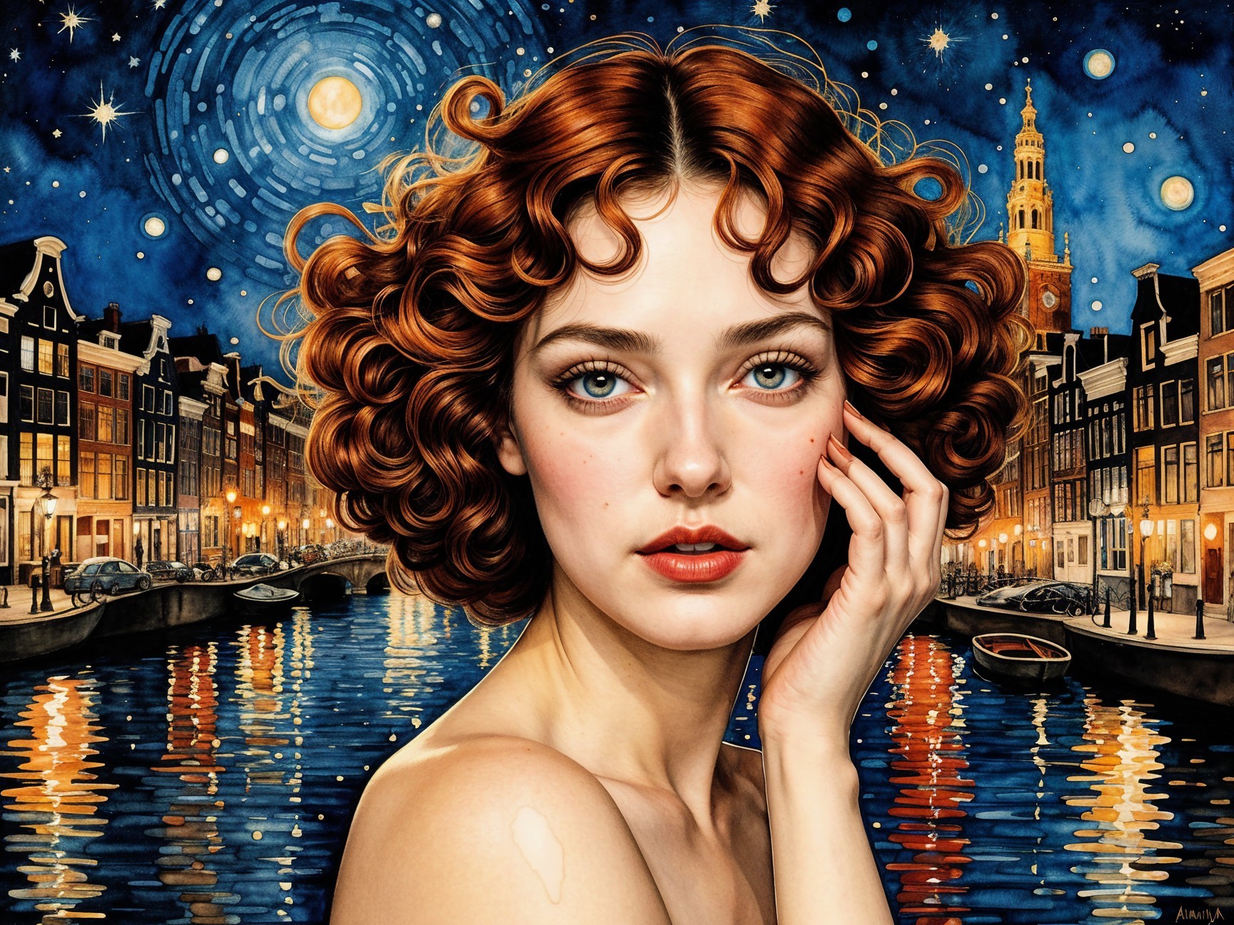 Woman with curly red hair in a canal night scene