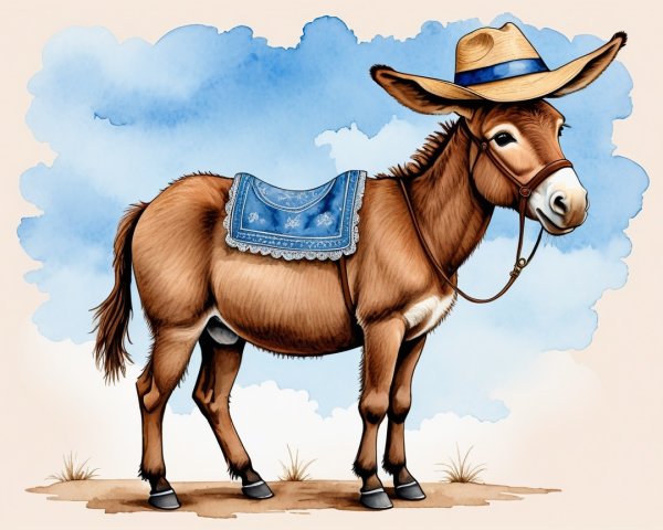 Cheerful donkey with straw hat against blue sky