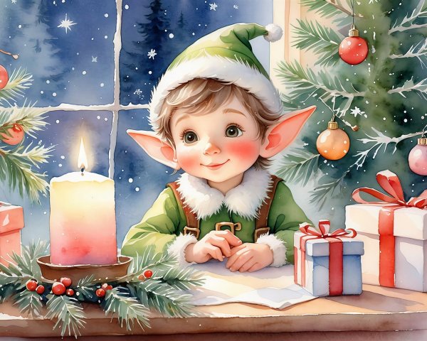 Watercolor Painting of a Christmas Elf at a Table