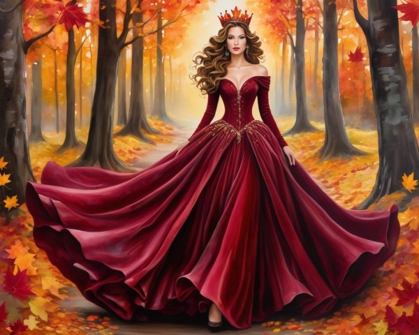 Regal figure in red gown amidst vibrant autumn forest