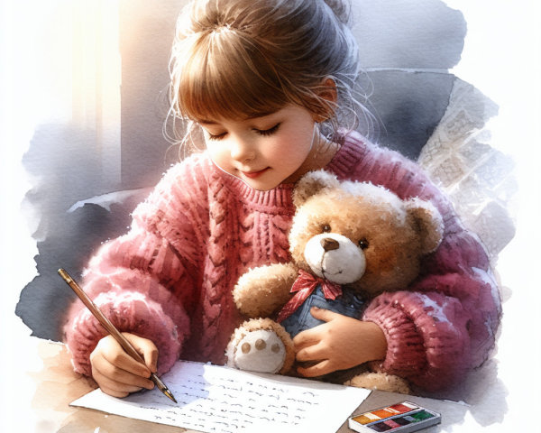 Young girl writing a letter with teddy bear and paints