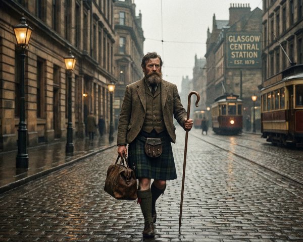 Irish man in tweed suit and kilt on cobblestone street