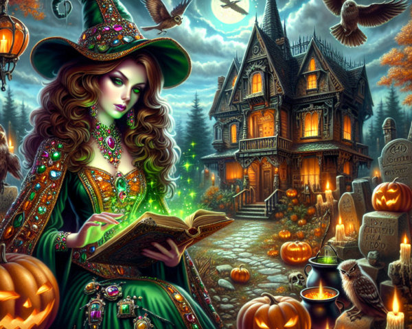Witch in Green Gown Casting Spells at Twilight Scene