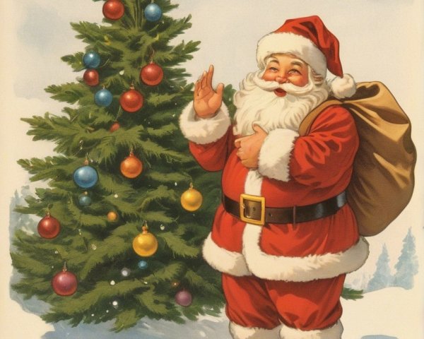 Santa Claus by a Decorated Christmas Tree in Snow