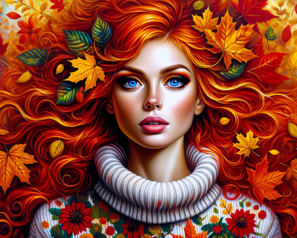Portrait of a Woman with Red Curls and Autumn Leaves