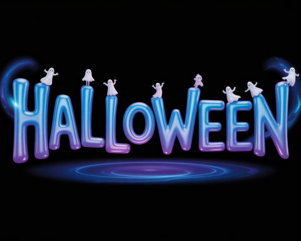 Vibrant Halloween Graphic with Glossy Letters and Ghosts