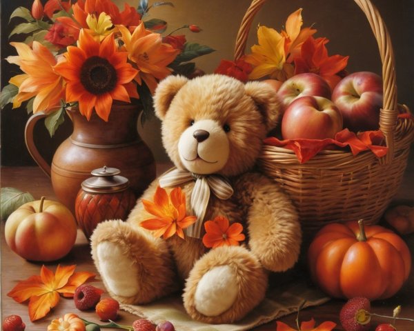 Cozy Autumn Scene with Teddy Bear and Fall Decor