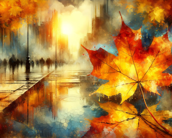 Autumn Scene with Maple Leaf and City Silhouettes