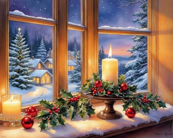 Cozy Winter Scene with Holly, Snow, and Candlelight