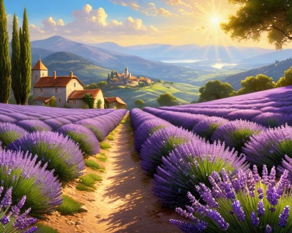 Vibrant Lavender Fields and Charming Stone House Landscape