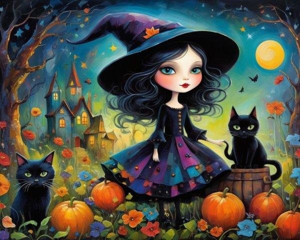 Colorful Halloween Scene with Young Witch and Cats