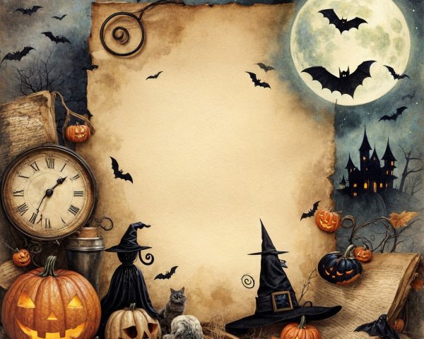 Whimsical Halloween Scene with Parchment and Decor