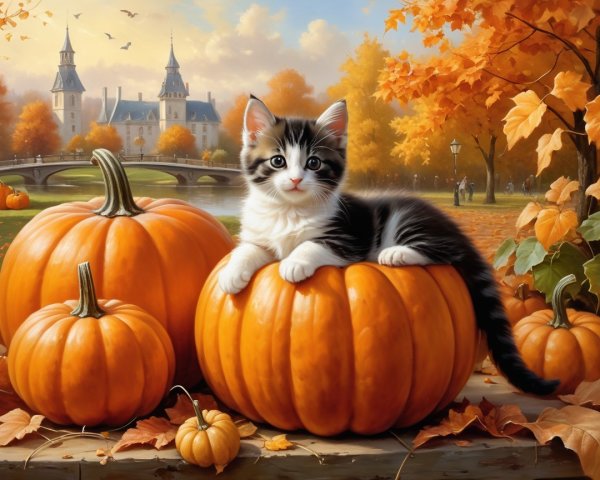 Kitten on Pumpkin in Autumn Park with Castle Backdrop