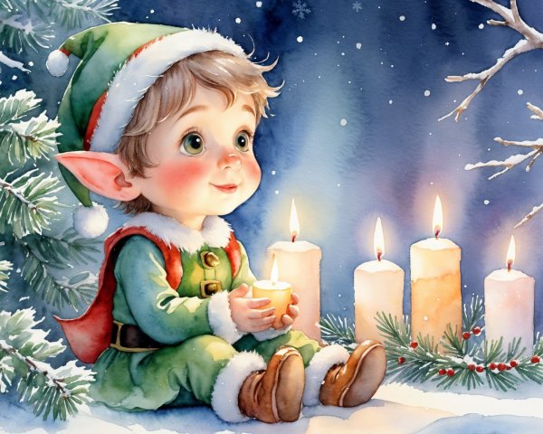 Vibrant watercolor painting of a young elf in winter