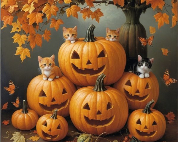 Whimsical Autumn Scene with Pumpkins and Kittens