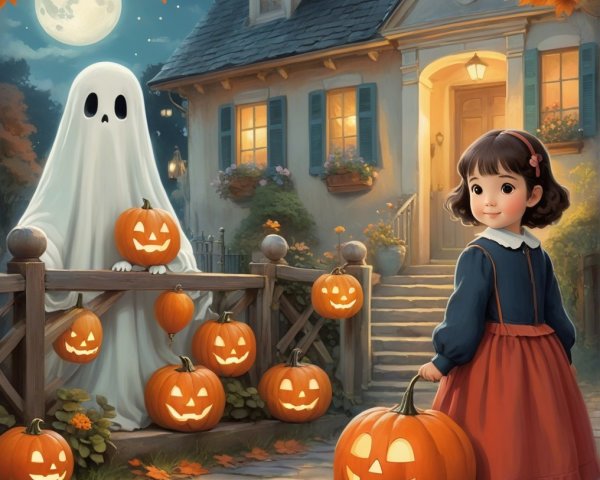 Whimsical Halloween Scene with Girl and Friendly Ghost
