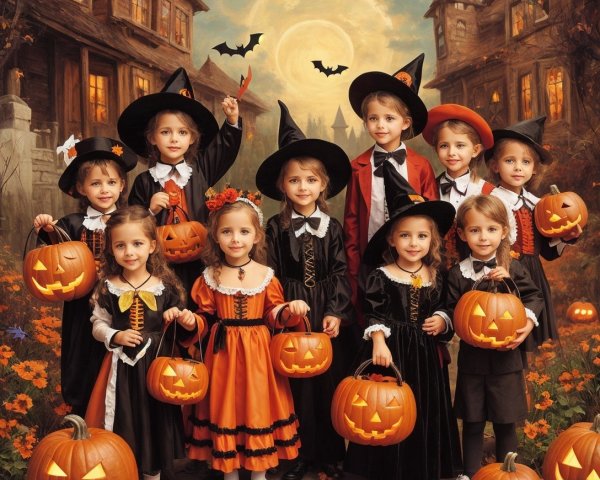 Children in Halloween Costumes with Carved Pumpkins