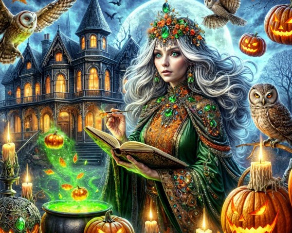 Mystical Sorceress in Emerald Robes at Full Moon
