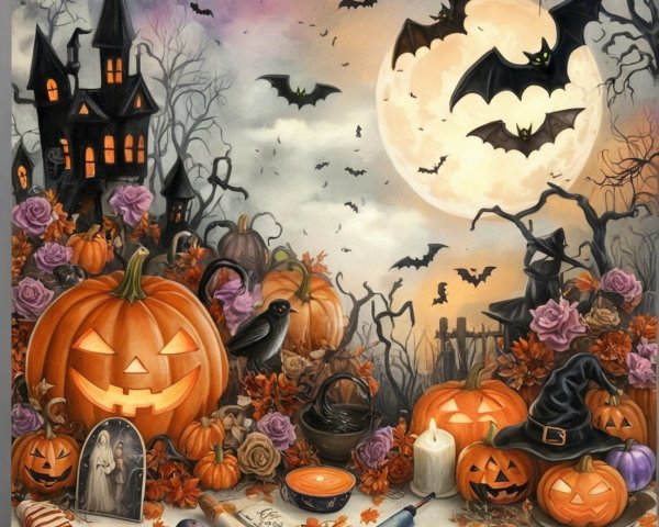 Whimsical Halloween Scene with Carved Pumpkins and Bats