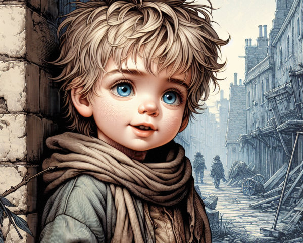 Young boy in cobblestone alley with historic backdrop