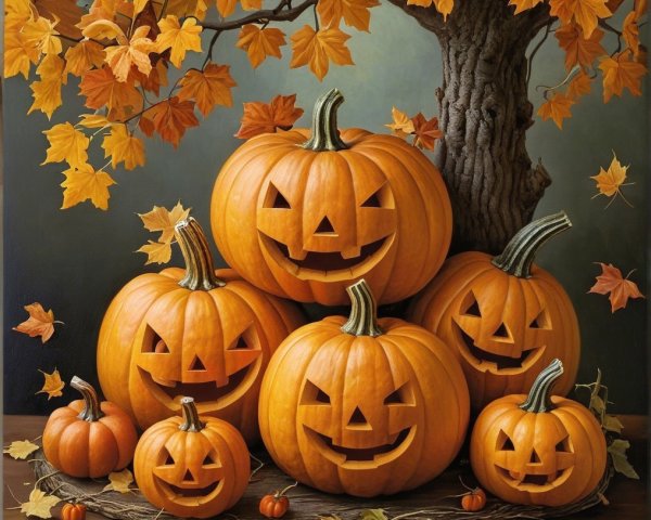 Autumn Scene with Carved Pumpkins and Colorful Leaves