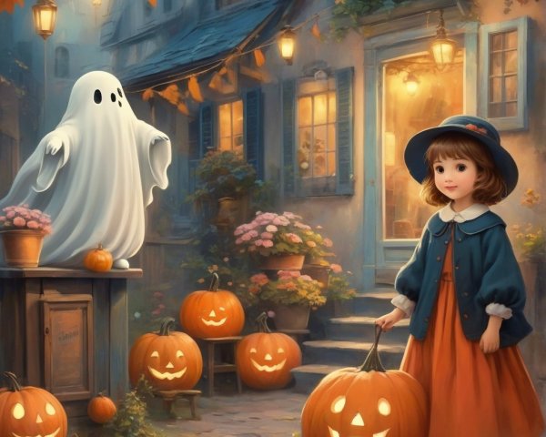 Whimsical Halloween Scene with Girl and Ghost