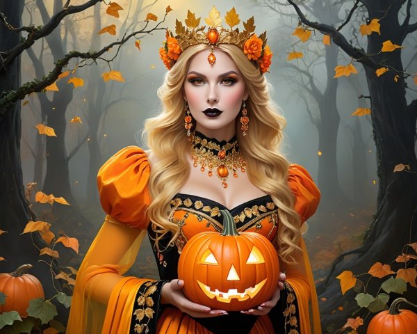 Mystical Figure in Orange Gown in Foggy Forest